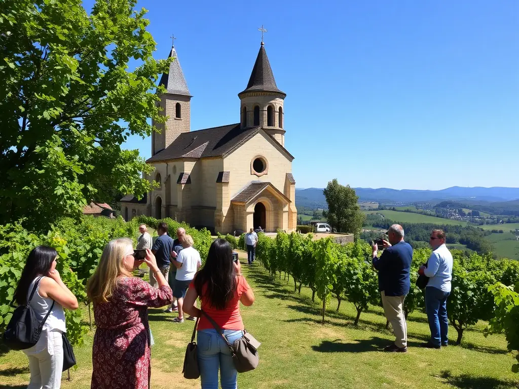 A scenic view of the Sury-en-Vaux church surrounded by vineyards, with tourists taking photos and a local guide explaining the church’s history, illustrating the church’s role in attracting visitors to the region.