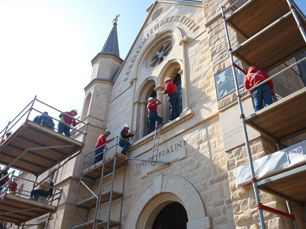 A high-resolution photograph of volunteers carefully restoring the stone façade of the church of Sury-en-Vaux, with scaffolding, tools, and safety equipment visible, capturing the dedication and teamwork involved in heritage preservation.