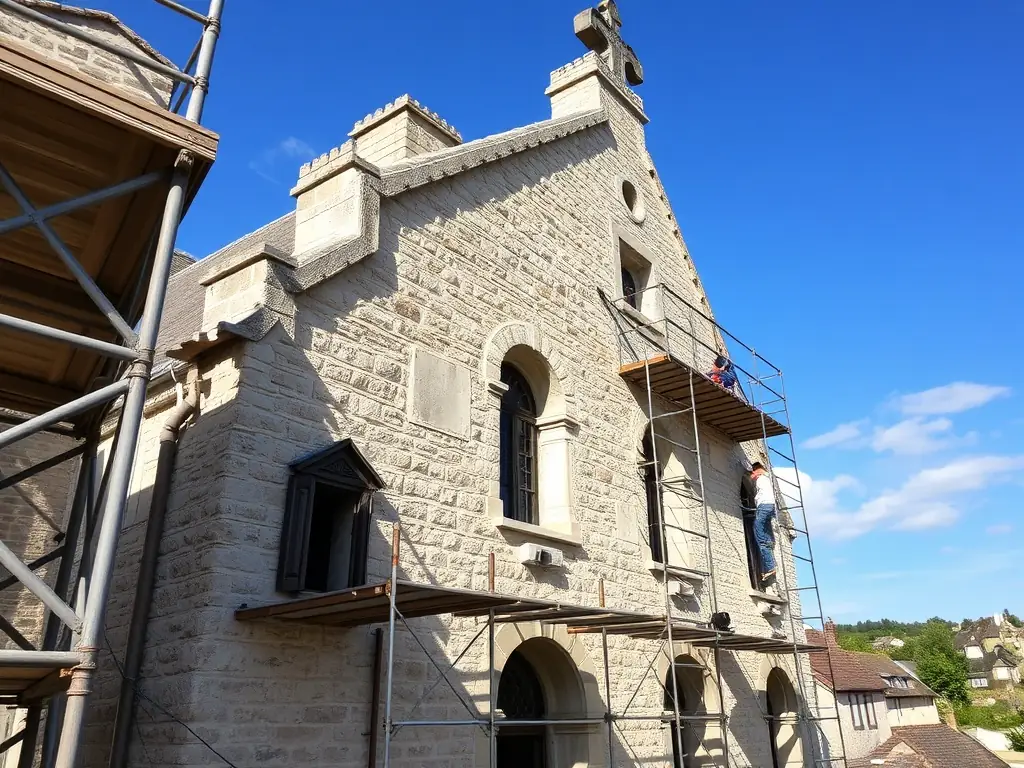 A detailed photograph of skilled artisans restoring the stone façade of the Sury-en-Vaux church, with scaffolding, tools, and conservation materials visible, set against the backdrop of the village and blue sky.