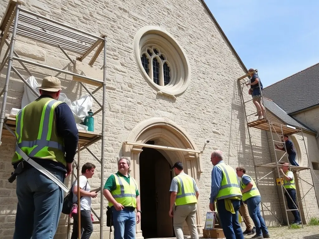 A group of volunteers carefully restoring the stone façade of the historic church of Sury-en-Vaux, with scaffolding, tools, and safety equipment, under a clear sky, capturing the spirit of community involvement.