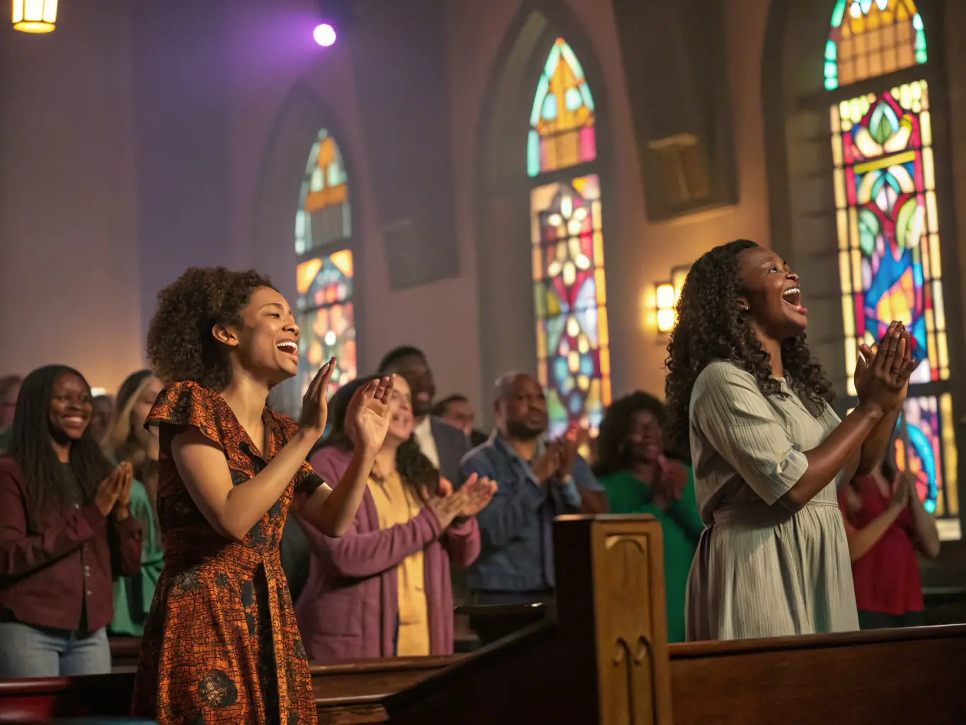 A lively cultural event inside the church: local residents enjoying a classical music concert, with musicians performing near the altar, warm lighting, and a welcoming atmosphere that highlights the church’s role as a cultural hub.
