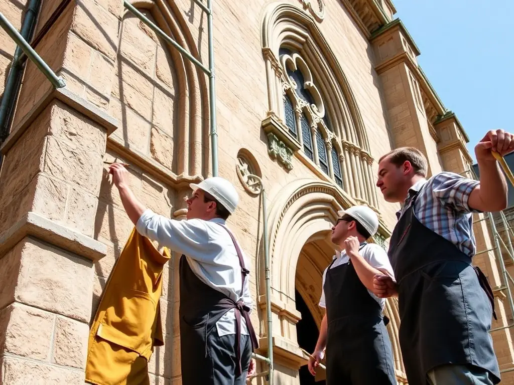 A detailed photograph of skilled artisans carefully restoring the stone façade of the Sury-en-Vaux church, with scaffolding and conservation tools visible, capturing the dedication to preserving historic architecture for the community.