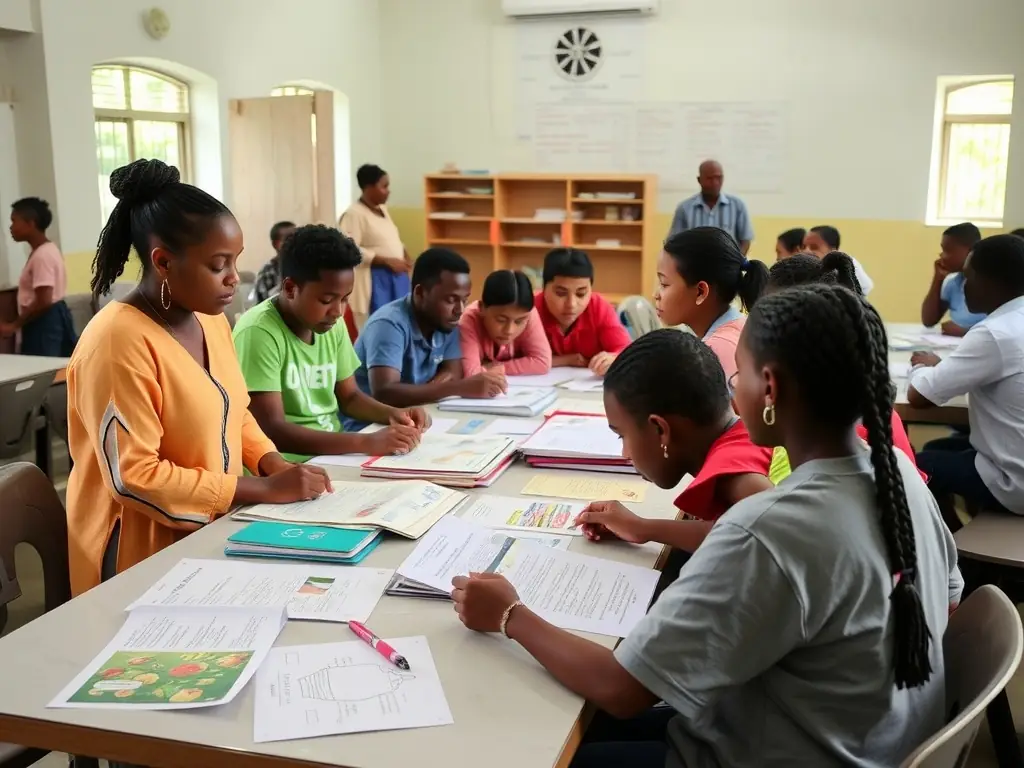 A candid photo of children and adults participating in an educational heritage workshop, gathered around a table with old maps, historical documents, and interactive displays inside the church.