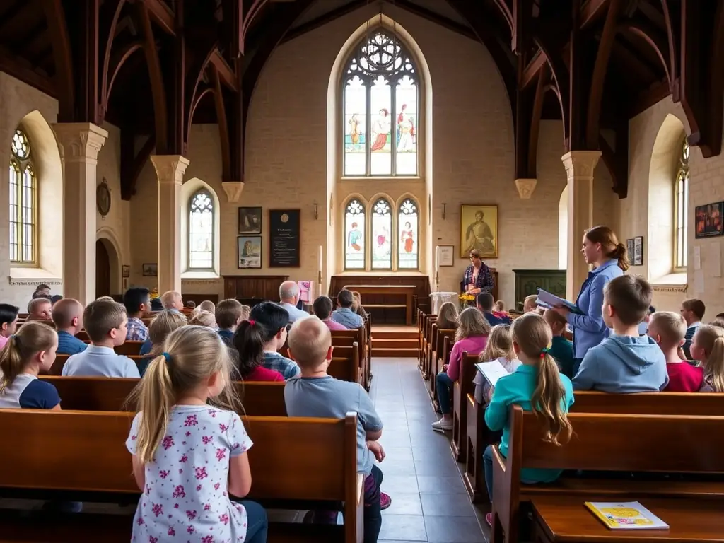 A warm, inviting photo of children and adults participating in an educational workshop inside the church, with hands-on activities, historical displays, and interactive learning stations.