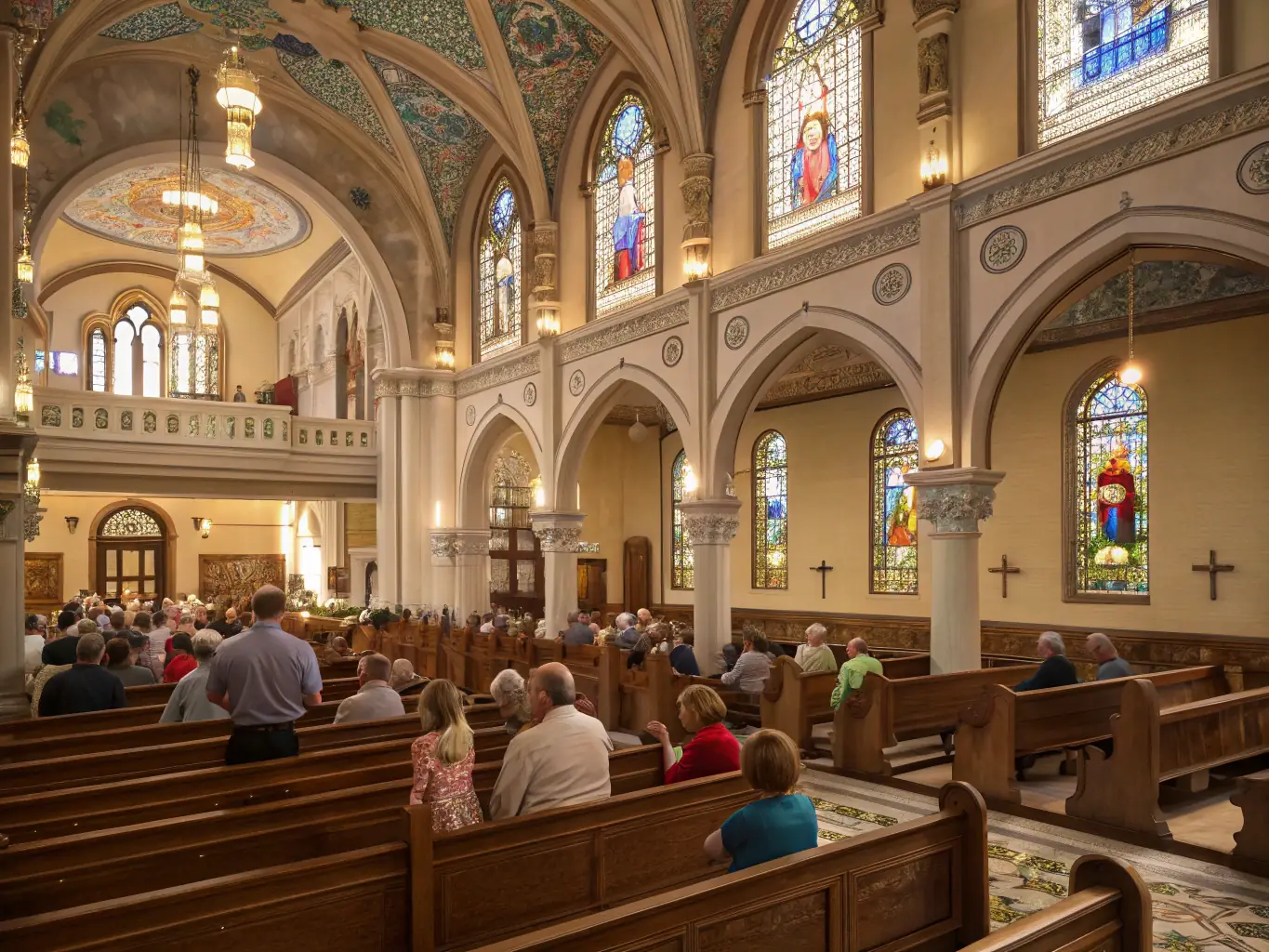 A vibrant image of a community cultural event inside the restored church, with families, children, and volunteers participating in music and art activities, highlighting the church as a lively center for local gatherings.