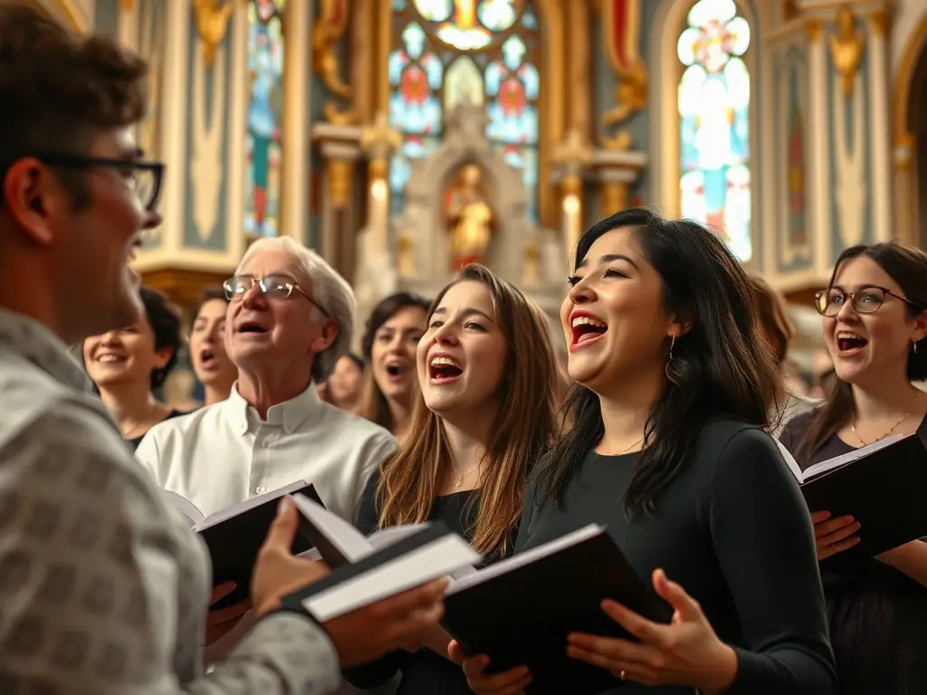 A vibrant image of a community concert inside the church, with musicians performing, families seated in pews, and colorful banners celebrating local heritage.